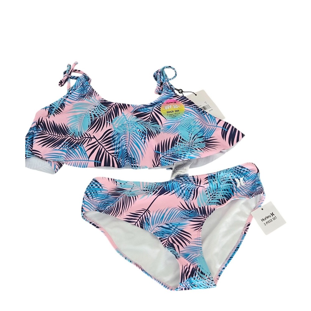 Hurley Girls XL 13-15Y Pink‎ Blue Tropical Palm 2-Piece Bikini Swimsuit NEW